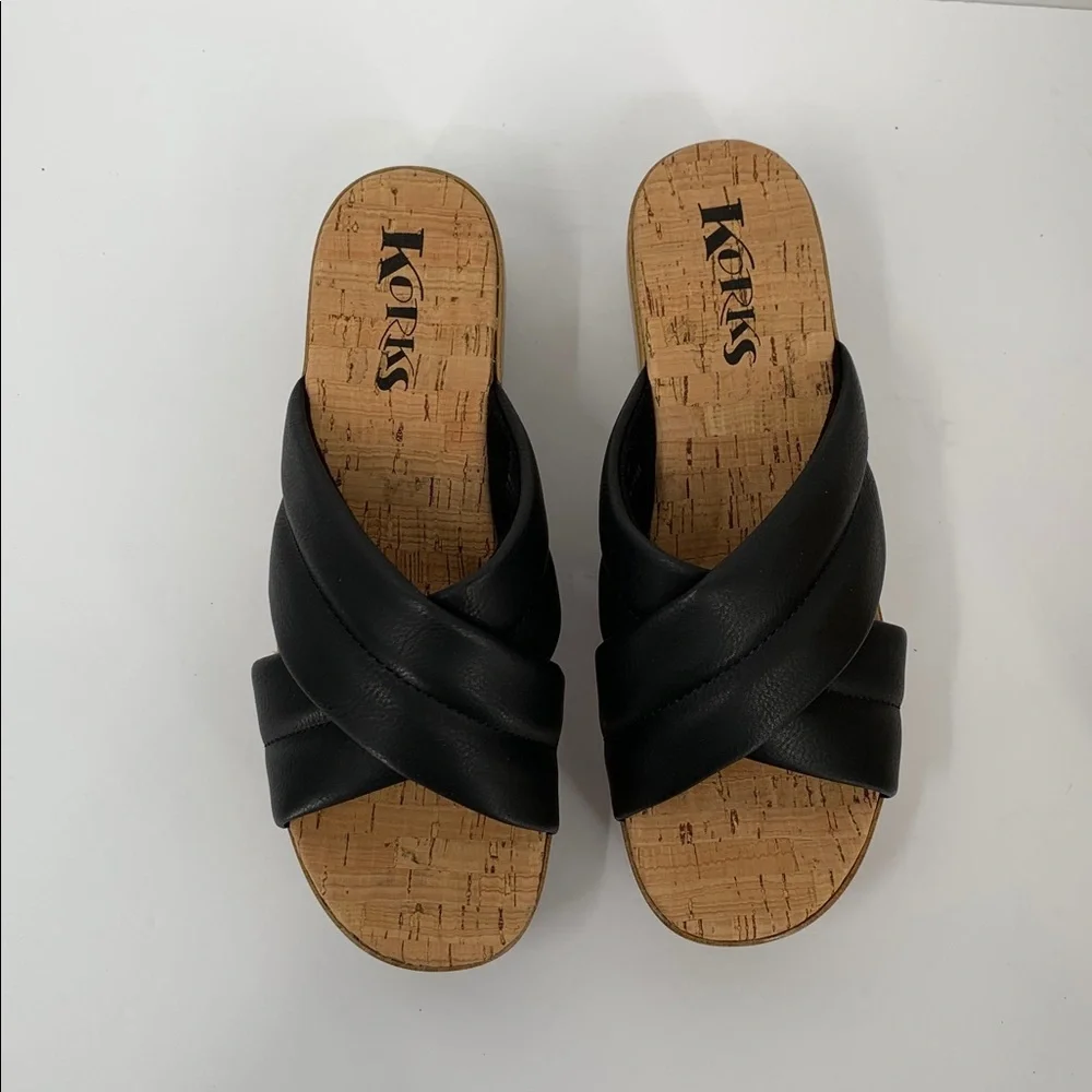 Korks Faithe slide platform wedge sandal black slide criss cross wood heel new 6